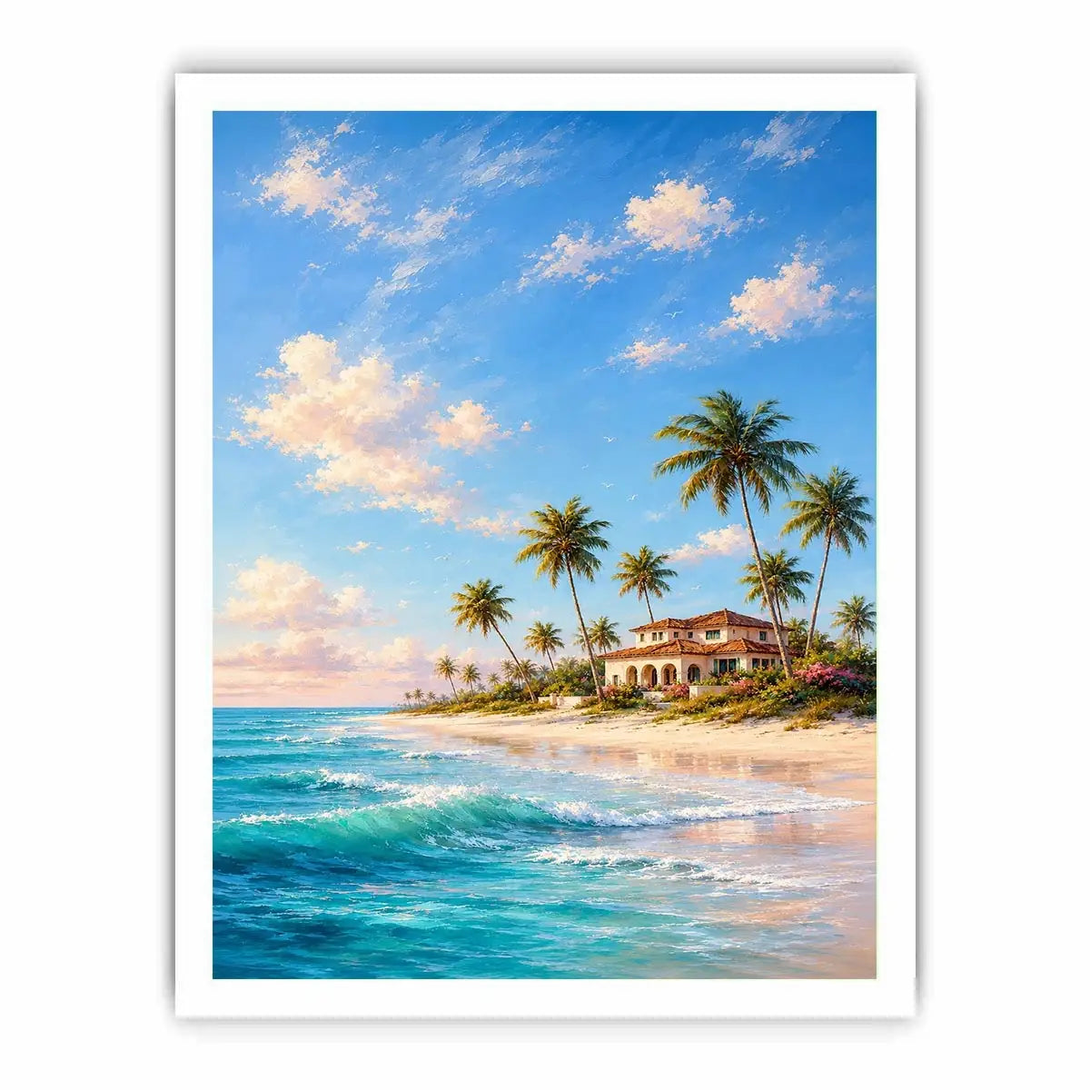 Tropical beach villa canvas art with palms for coastal living room decor.