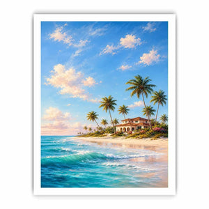 Tropical beach villa canvas art with palms for coastal living room decor.