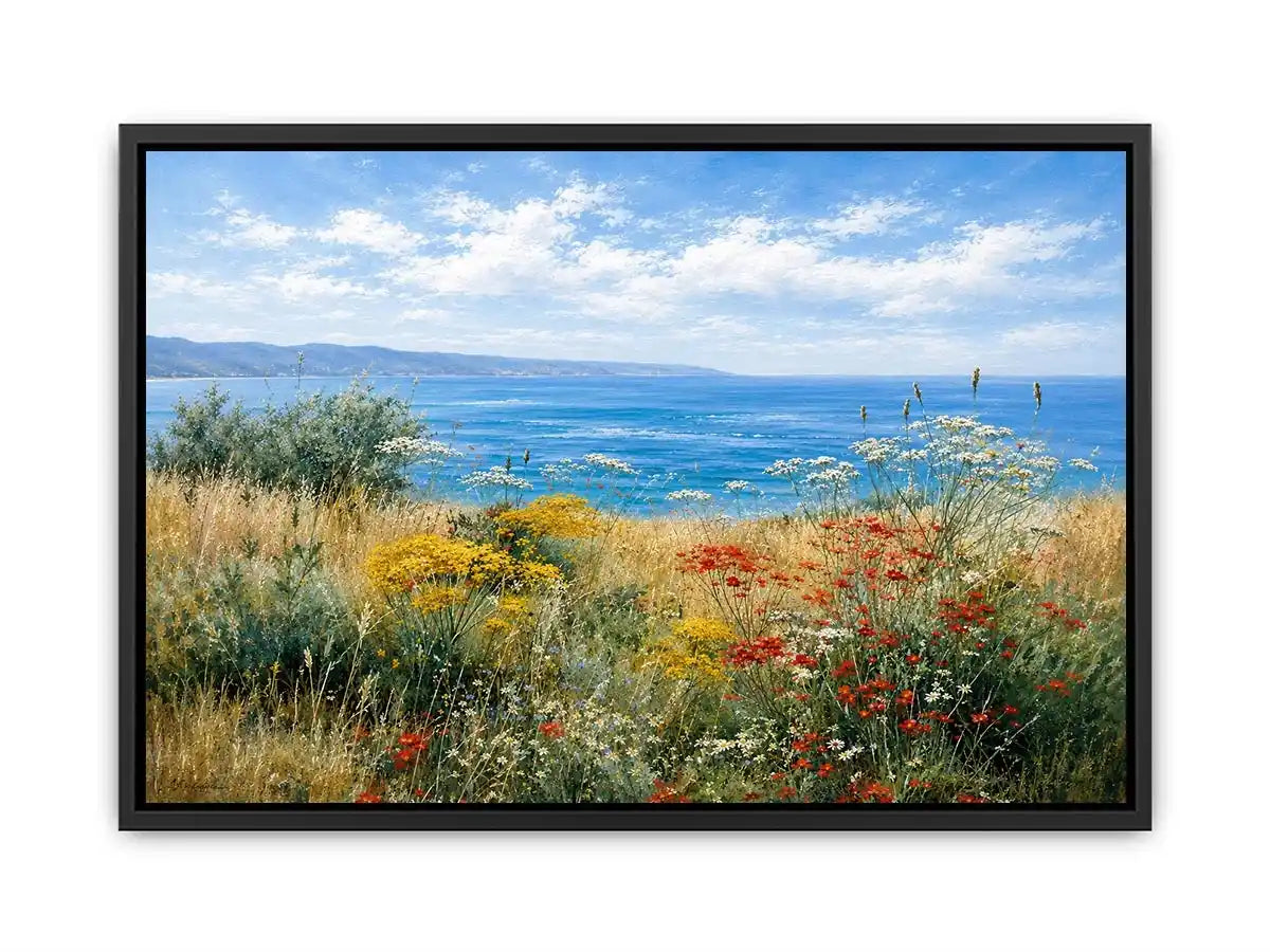Coastal wildflower landscape canvas art for relaxed living room decor.