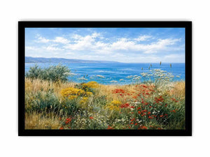 Coastal wildflower landscape canvas art for relaxed living room decor.