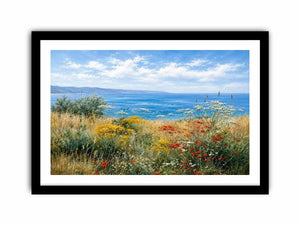 Coastal wildflower landscape canvas art for relaxed living room decor.