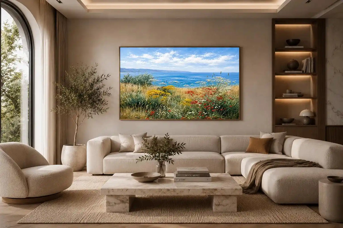 Coastal wildflower landscape canvas art for relaxed living room decor.