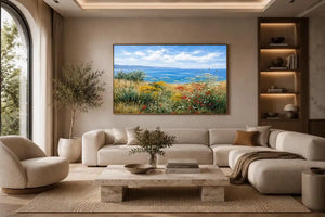 Coastal wildflower landscape canvas art for relaxed living room decor.