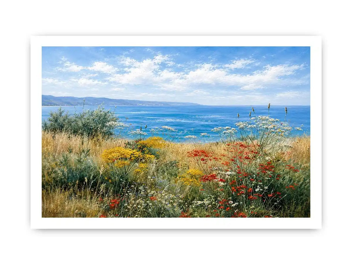 Coastal wildflower landscape canvas art for relaxed living room decor.