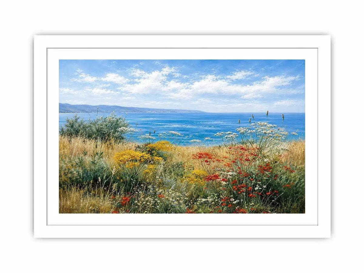 Coastal wildflower landscape canvas art for relaxed living room decor.