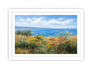 Coastal wildflower landscape canvas art for relaxed living room decor.