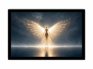 Ethereal angel artwork with glowing wings for peaceful bedroom decor.