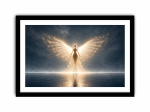 Ethereal angel artwork with glowing wings for peaceful bedroom decor.