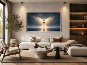 Ethereal angel artwork with glowing wings for peaceful bedroom decor.