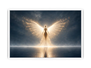 Ethereal angel artwork with glowing wings for peaceful bedroom decor.