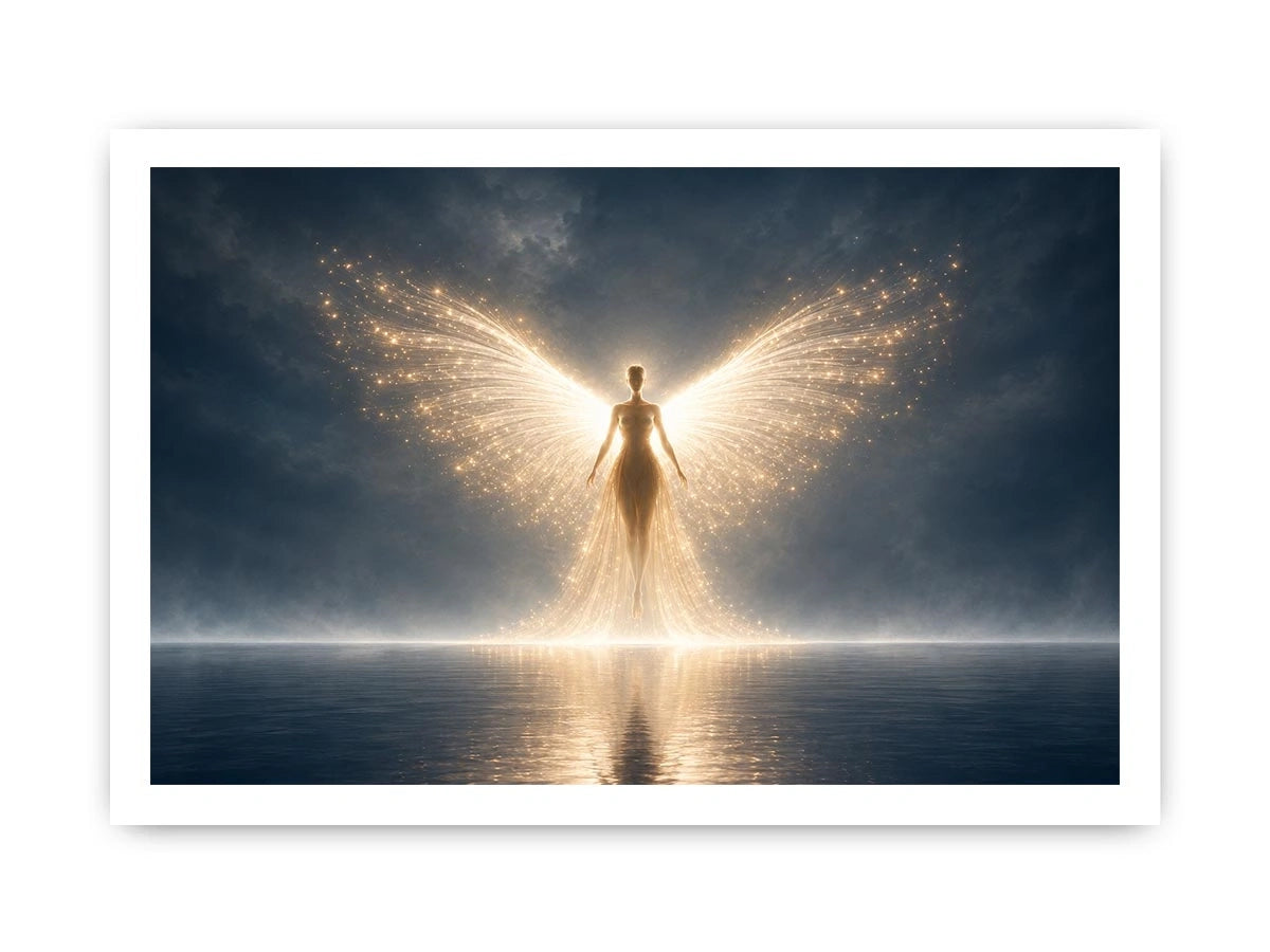 Ethereal angel artwork with glowing wings for peaceful bedroom decor.