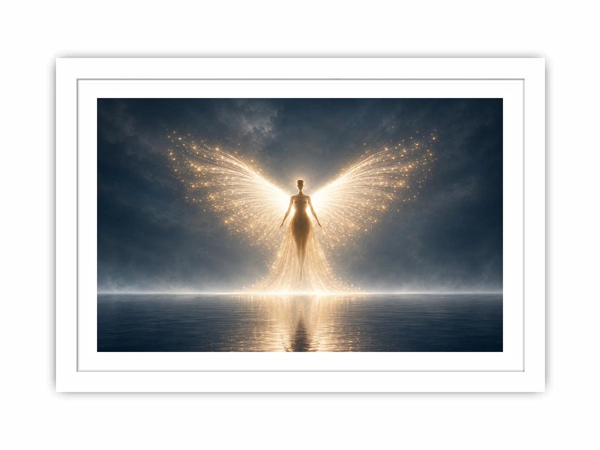 Ethereal angel artwork with glowing wings for peaceful bedroom decor.