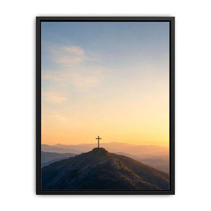 Mountain cross canvas print at sunrise for peaceful bedroom wall decor.