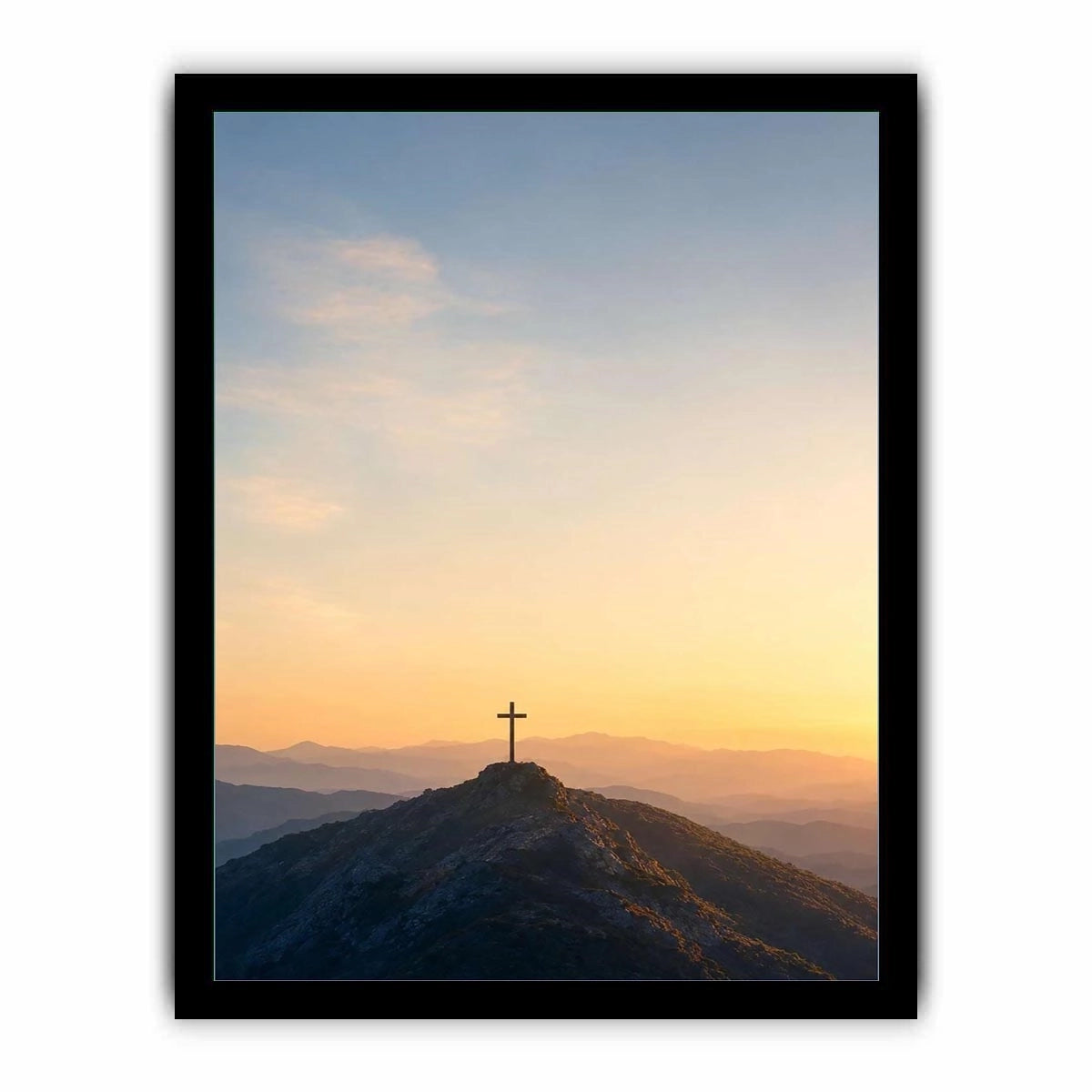 Mountain cross canvas print at sunrise for peaceful bedroom wall decor.
