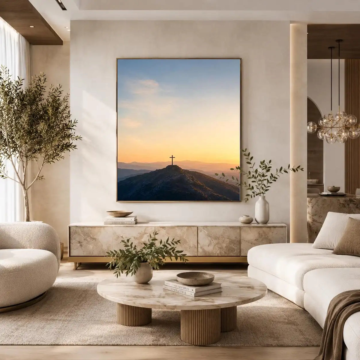 Mountain cross canvas print at sunrise for peaceful bedroom wall decor.