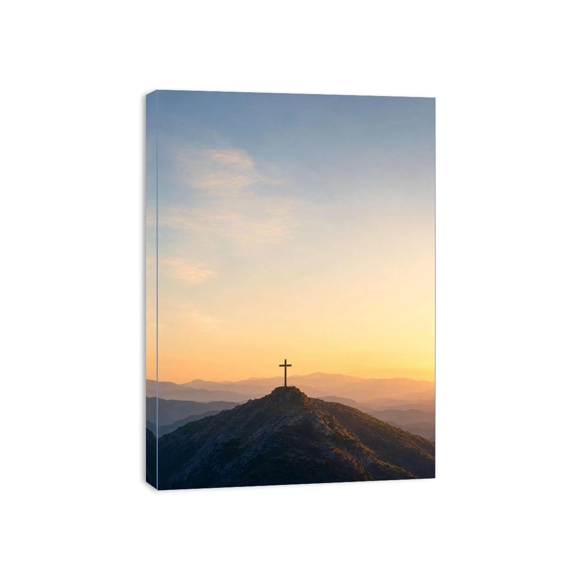 Mountain cross canvas print at sunrise for peaceful bedroom wall decor.