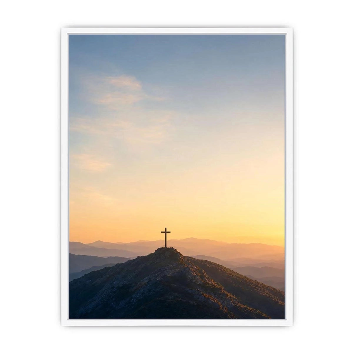 Mountain cross canvas print at sunrise for peaceful bedroom wall decor.