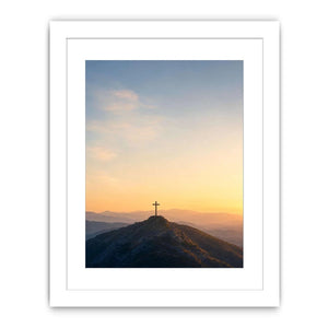 Mountain cross canvas print at sunrise for peaceful bedroom wall decor.