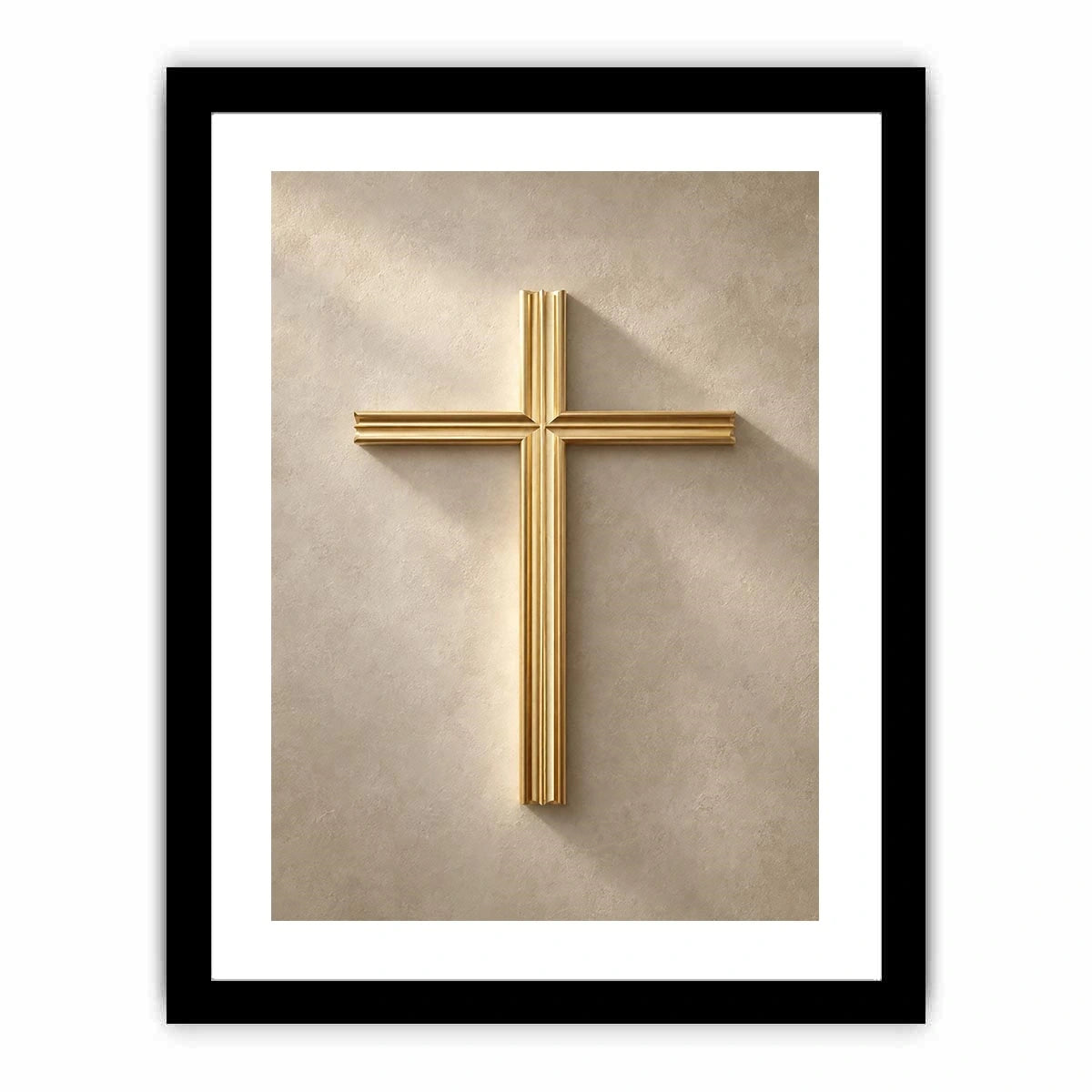 Gold cross wall art on neutral textured background for modern home decor.