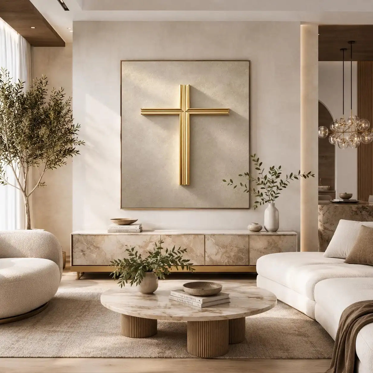 Gold cross wall art on neutral textured background for modern home decor.
