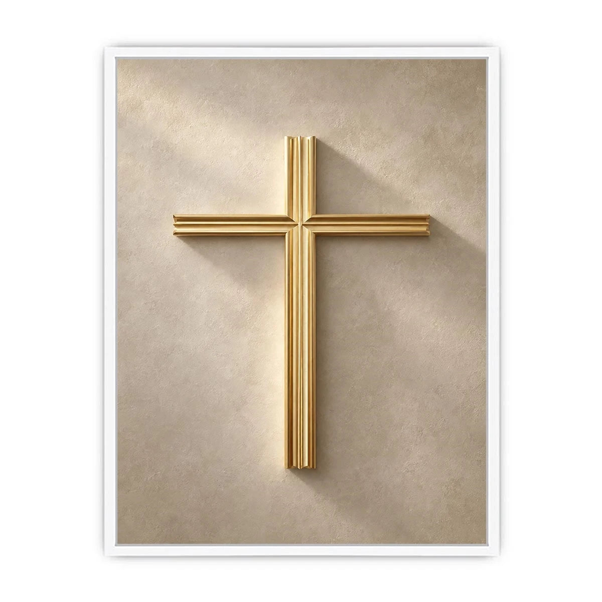 Gold cross wall art on neutral textured background for modern home decor.