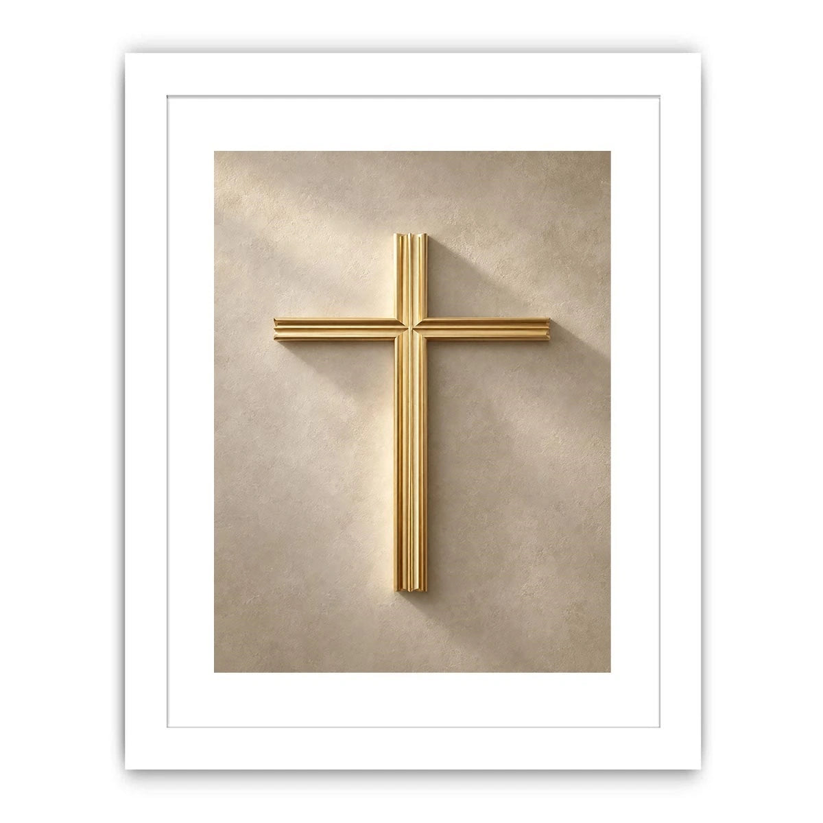 Gold cross wall art on neutral textured background for modern home decor.