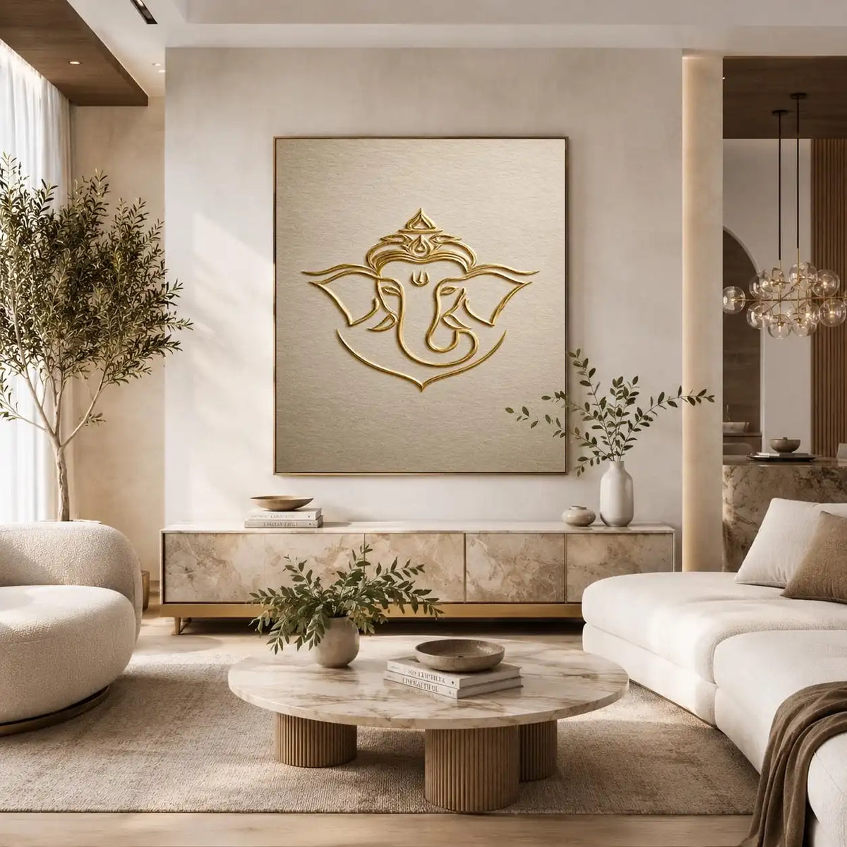 Gold Ganesha artwork on neutral background for elegant entryway decor.