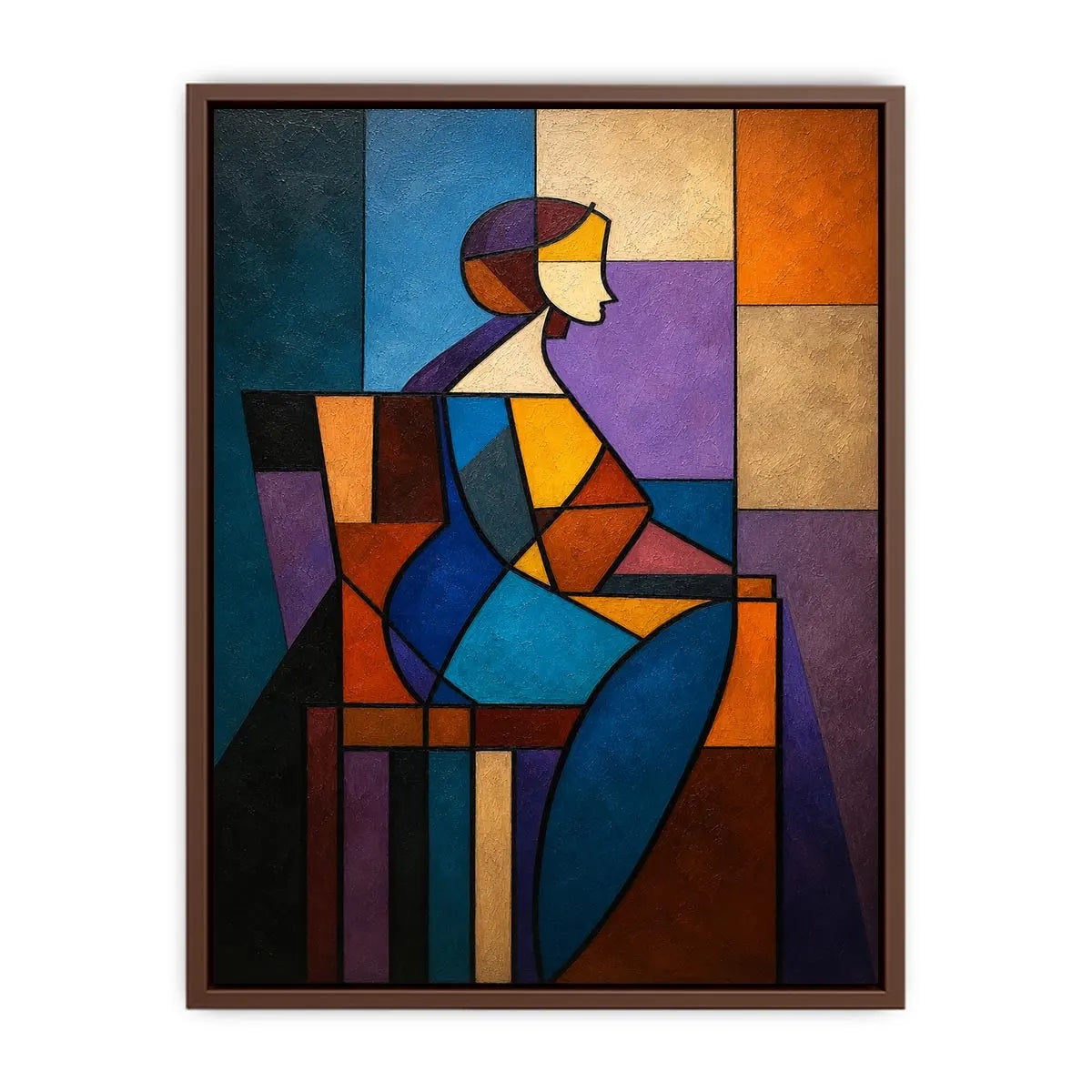 Colorful cubist canvas art with geometric woman figure for modern living room decor.