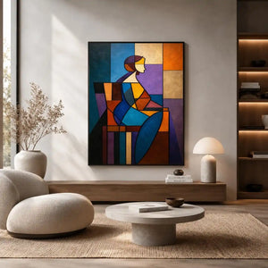 Colorful cubist canvas art with geometric woman figure for modern living room decor.