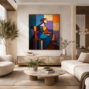 Colorful cubist canvas art with geometric woman figure for modern living room decor.