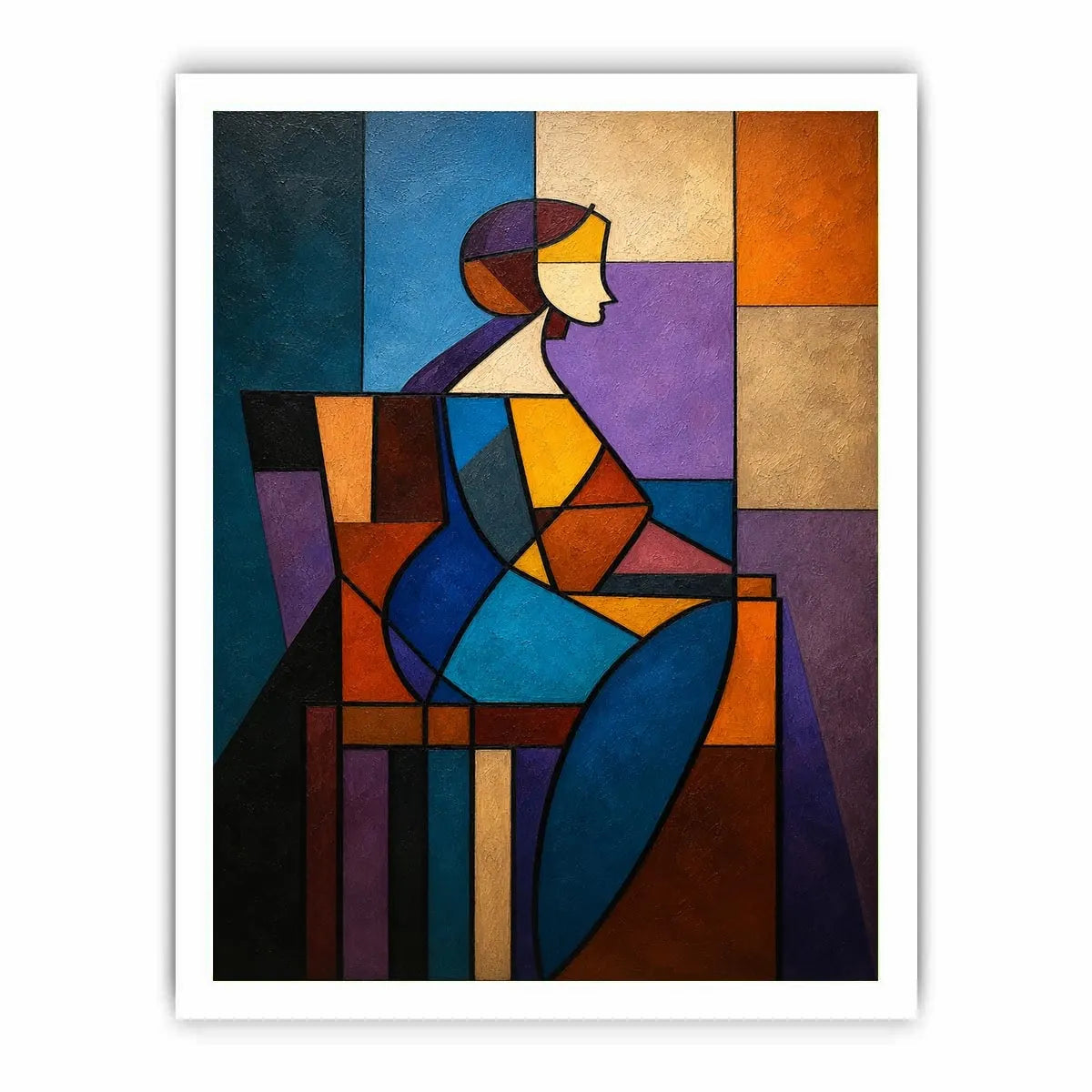 Colorful cubist canvas art with geometric woman figure for modern living room decor.