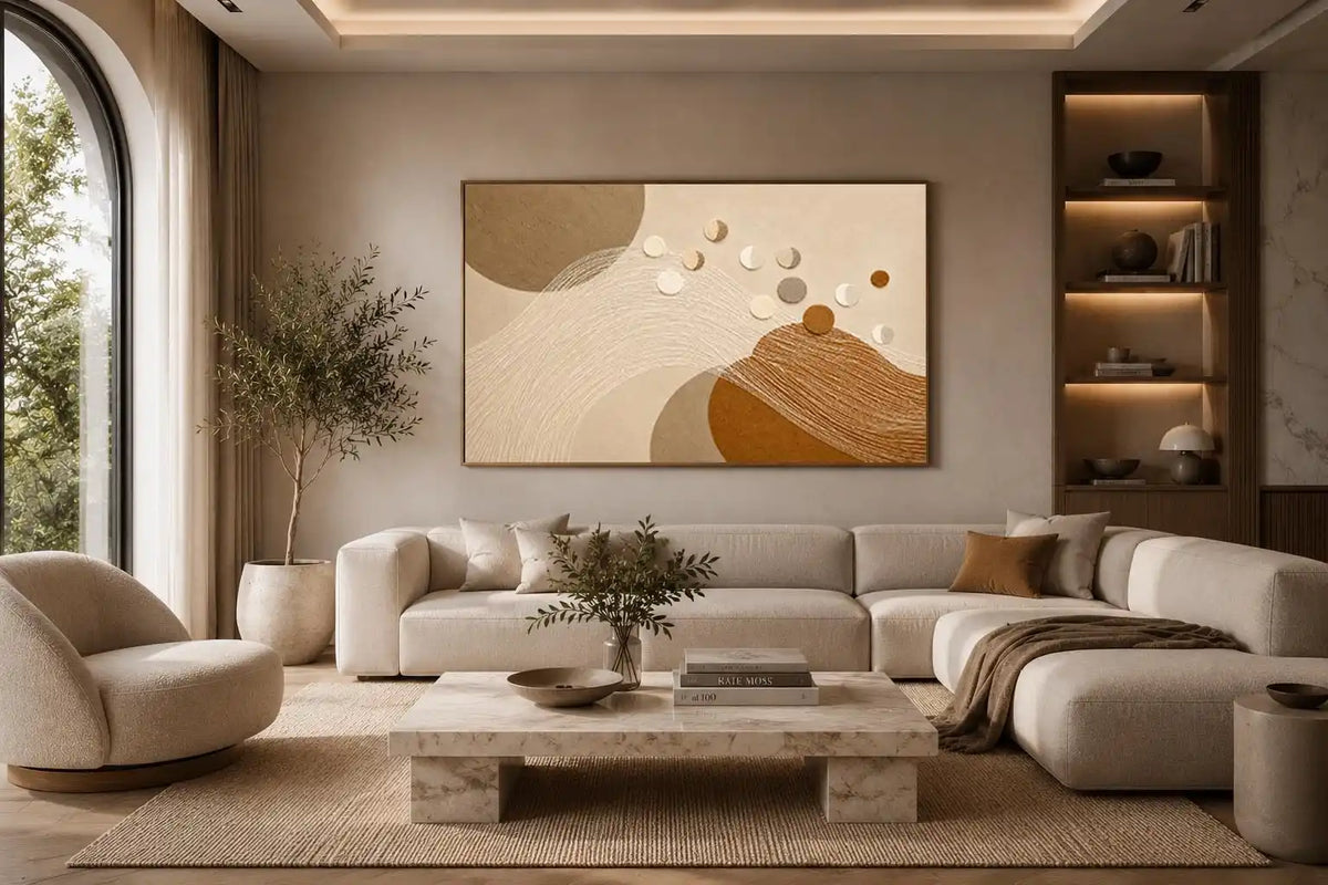 Neutral abstract geometric canvas art for modern living room decor.