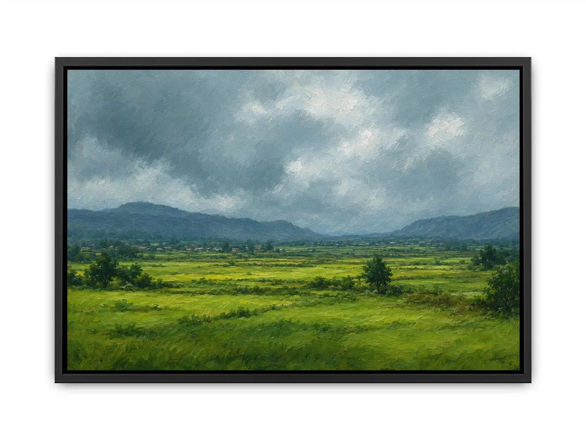 Green valley landscape canvas art for peaceful modern living room decor.