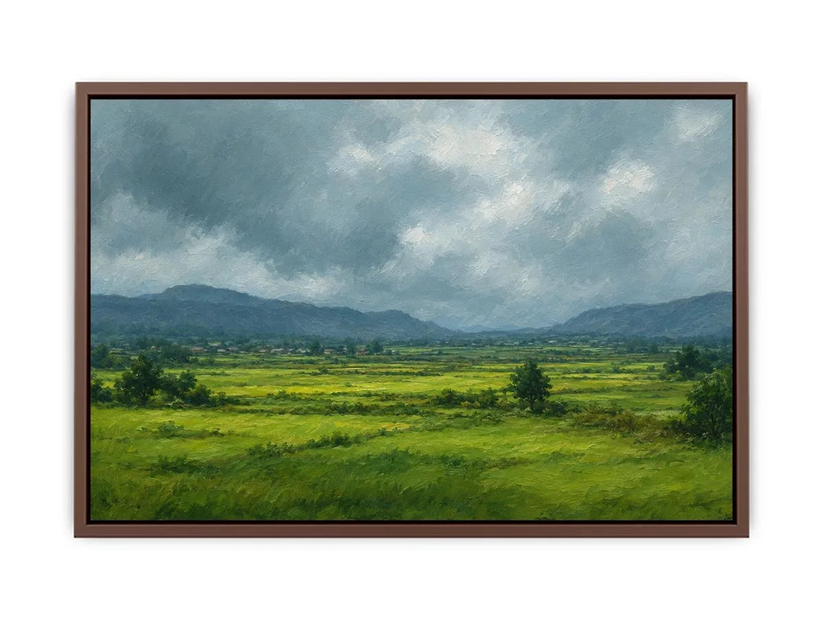 Green valley landscape canvas art for peaceful modern living room decor.