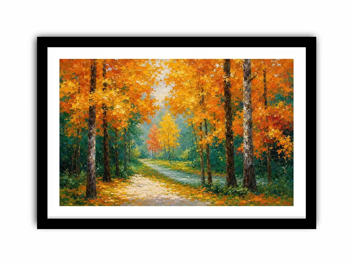 Autumn forest path canvas art in golden tones for living room decor.