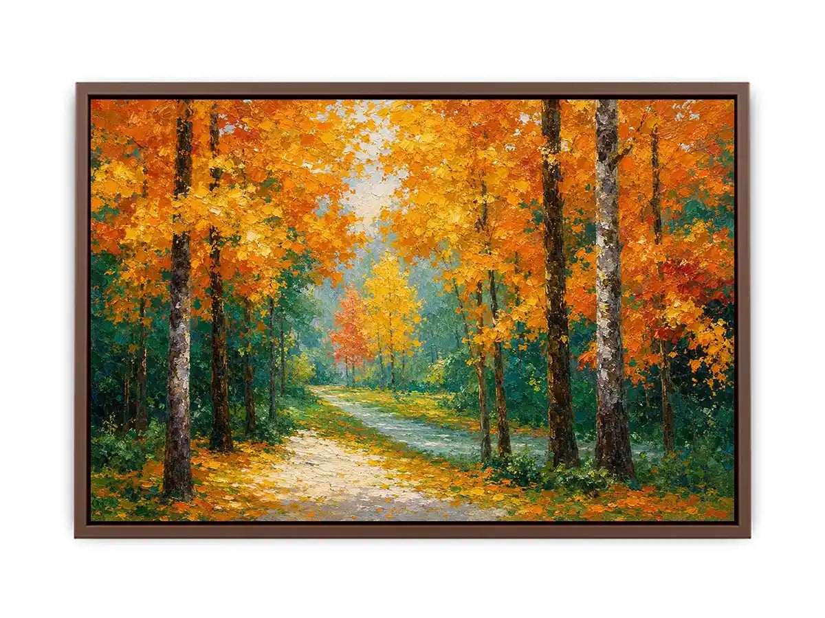 Autumn forest path canvas art in golden tones for living room decor.