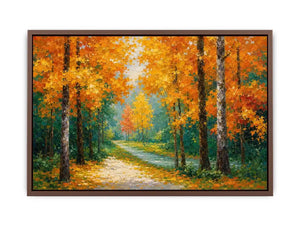 Autumn forest path canvas art in golden tones for living room decor.