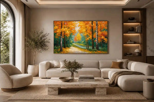 Autumn forest path canvas art in golden tones for living room decor.