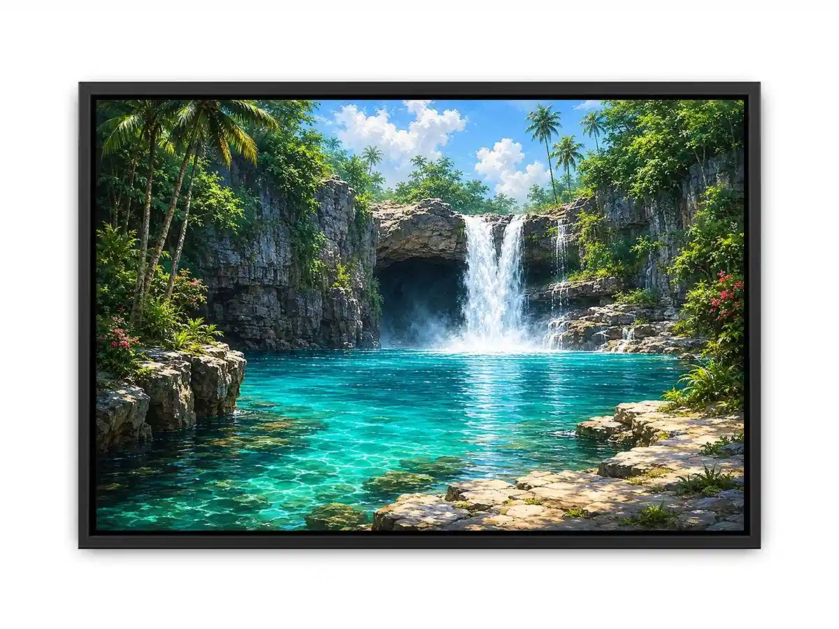 Tropical waterfall canvas art with turquoise lagoon for modern room decor.