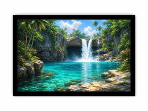 Tropical waterfall canvas art with turquoise lagoon for modern room decor.