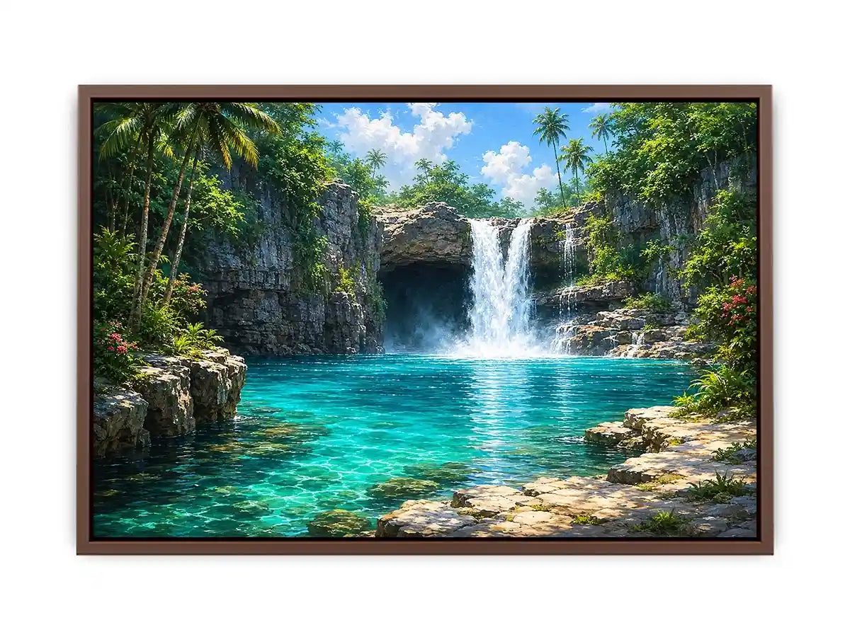 Tropical waterfall canvas art with turquoise lagoon for modern room decor.