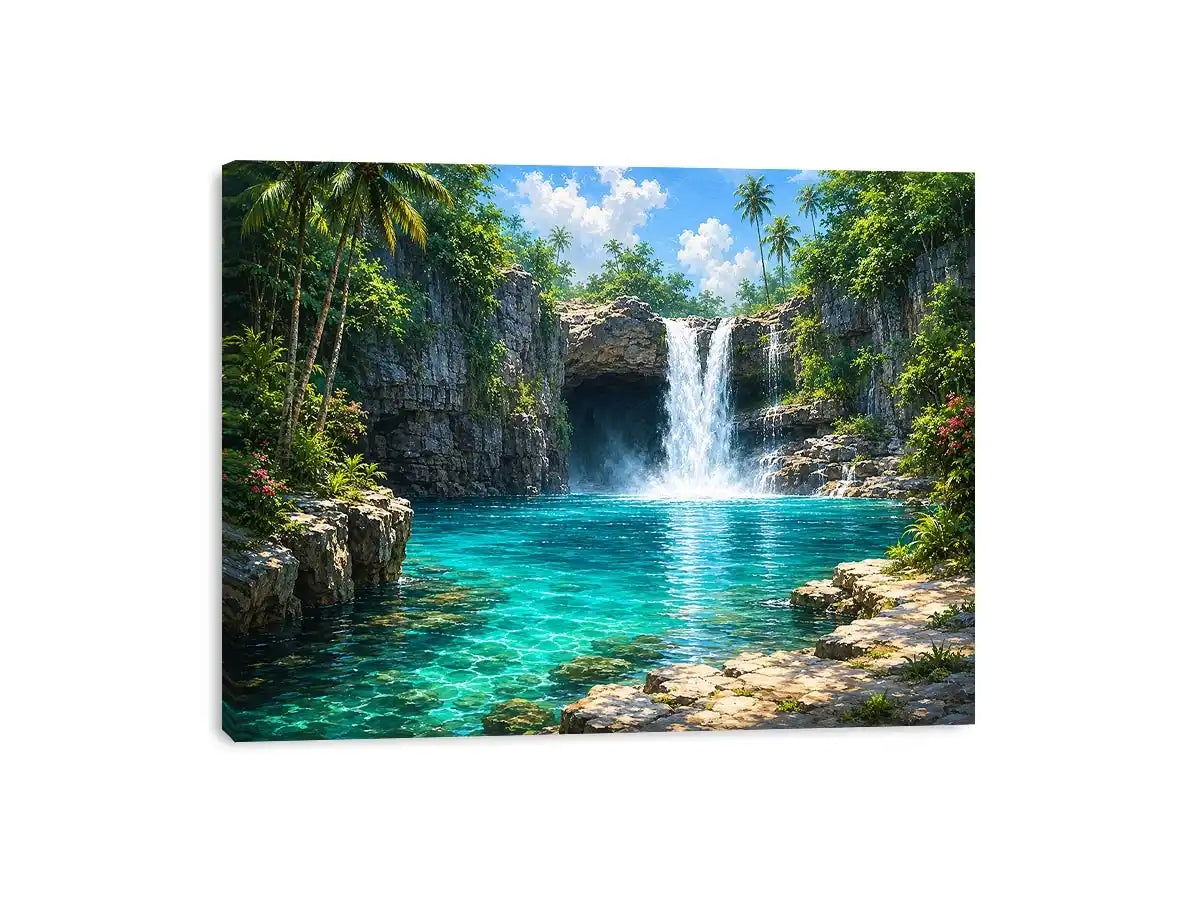 Tropical waterfall canvas art with turquoise lagoon for modern room decor.