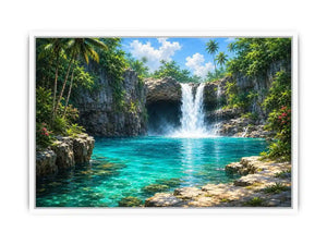 Tropical waterfall canvas art with turquoise lagoon for modern room decor.