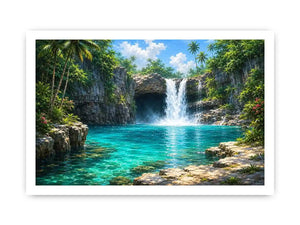 Tropical waterfall canvas art with turquoise lagoon for modern room decor.
