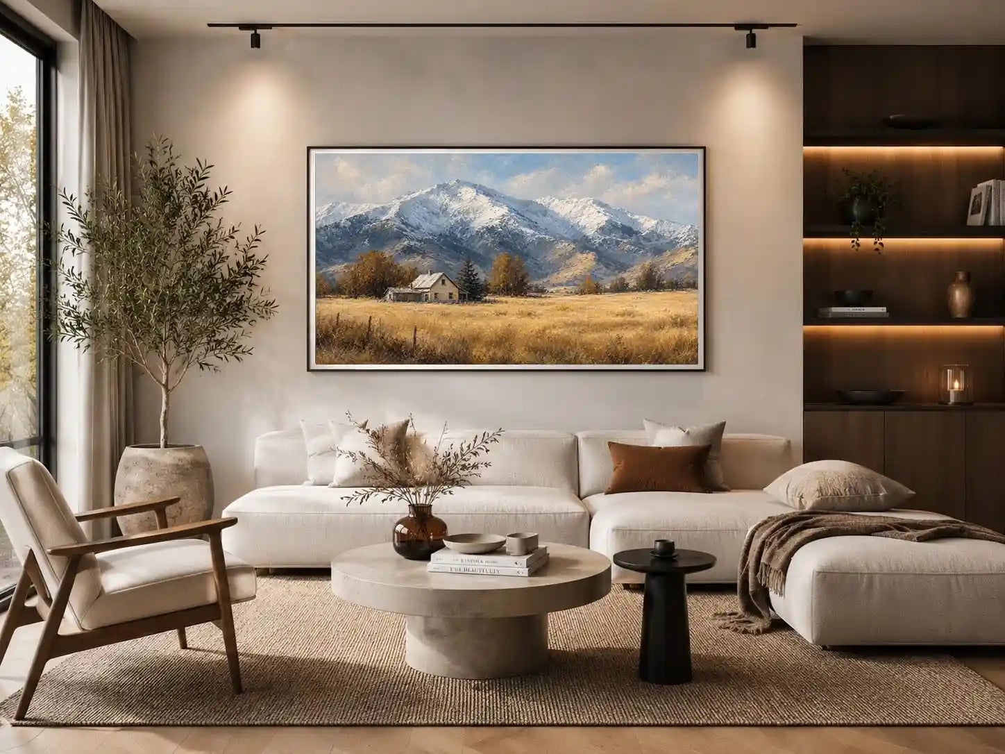 Snow mountain farmhouse canvas art for rustic modern living room decor.