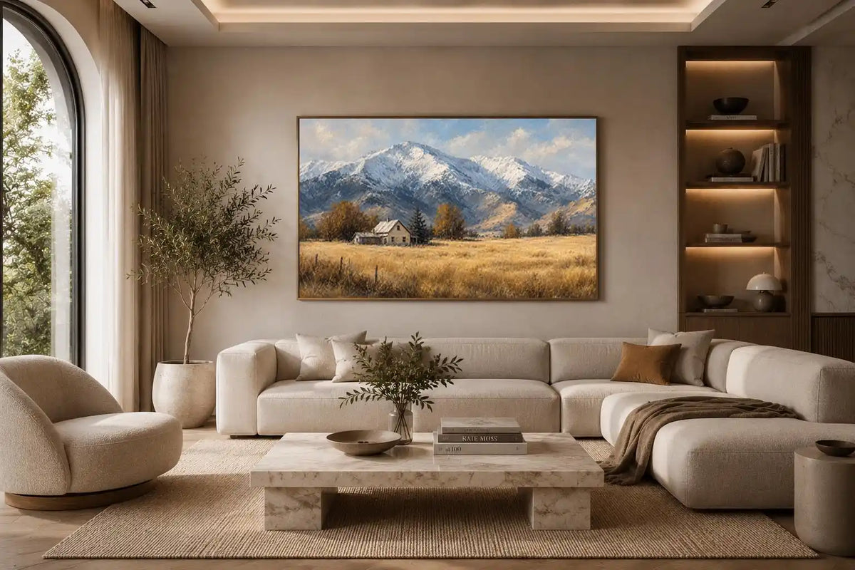 Snow mountain farmhouse canvas art for rustic modern living room decor.