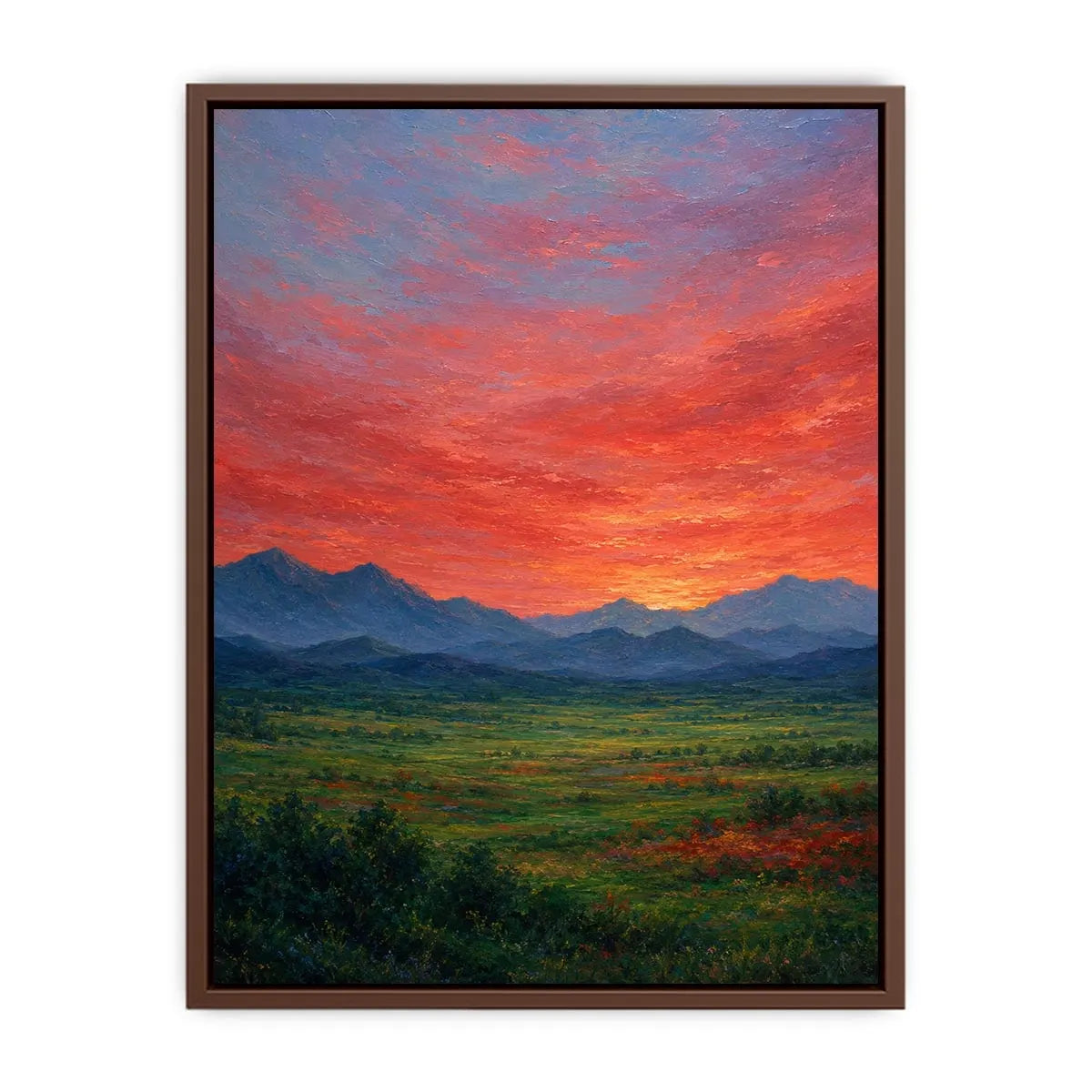 Vivid mountain sunset canvas art for dramatic modern living room decor.
