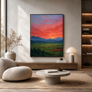 Vivid mountain sunset canvas art for dramatic modern living room decor.