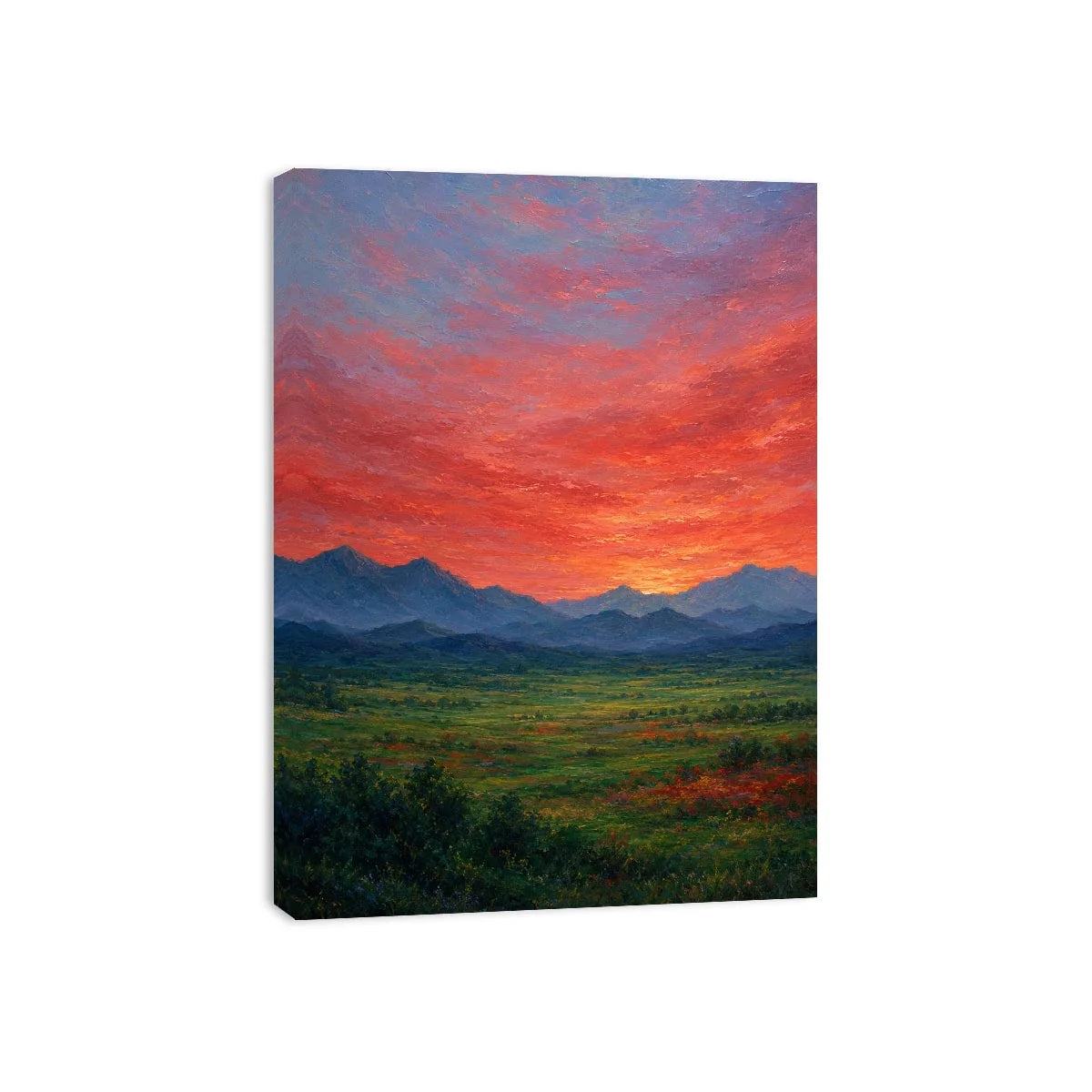 Vivid mountain sunset canvas art for dramatic modern living room decor.