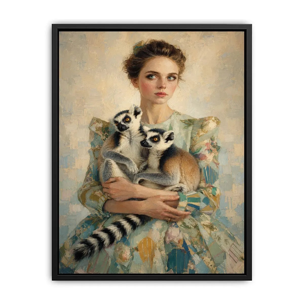 Elegant woman with lemurs portrait canvas art for luxury bedroom decor.